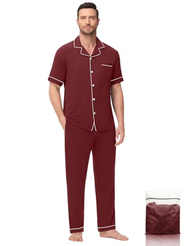 Image of Men's Short Sleeve Pajama Set, Soft Cotton Button Down Sleepwear Top & Long Pants, Loungewear PJs with Pockets S-XXXL