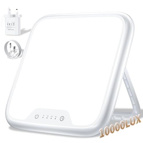 SAD Lamp, 10000 Lux Light Therapy Lamp for Depression, Sad Light UV-Free with Stepless Brightness, 4 Timer Setting, Memory Function, Daylight Lamp Portable Light Therapy Box for a Happy Mood