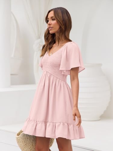Image of LILLUSORY Women's Flowy Casual Mini Dresses 2026 Summer Graduation Smocked V Neck Vacation Dress Dress with Pockets