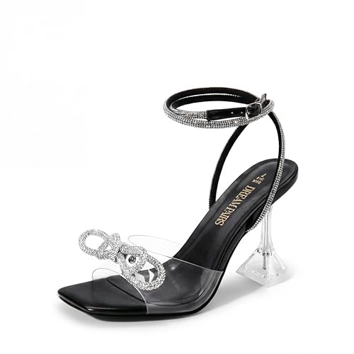DREAM PAIRS Stiletto Bow Heels for Women Strappy Sparkly Rhinestone Square Toe Clear Crystal High Sandals for Party Wedding 7 Black-pu