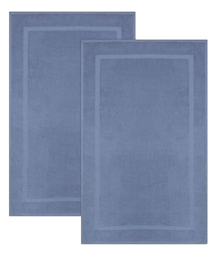 COTTON CRAFT Bath Mats - 2 Pack 100% Cotton 21x30 Inches - Ultra Absorbent - Plush 900 GSM - Banded Border Luxury Towel Rug - Step Out Tub Shower Floor Mat -Not a Bathroom Rug - Azure Blue