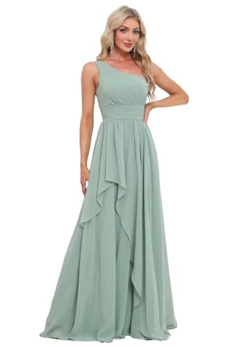Women's One Shoulder Bridesmaid Dresses Long Ruched Chiffon A Line Formal Party Dress with Pockets