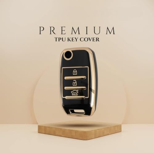 Image of TPU Car Key Cover Black & Golden Compatible for KIA Seltos,Sonet,Carens (KIA, 3 Button Flip Key)