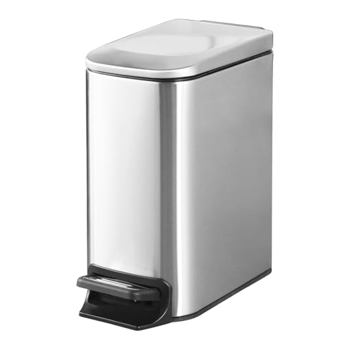 SYNCVIBE Slim Bathroom Trash Can with Lid Stainless Steel Garbage Can with Removable Inner Bucket Small Wastebasket with Step Pedal for Toilet Office Bedroom (Silver, 1.8 Gallons)