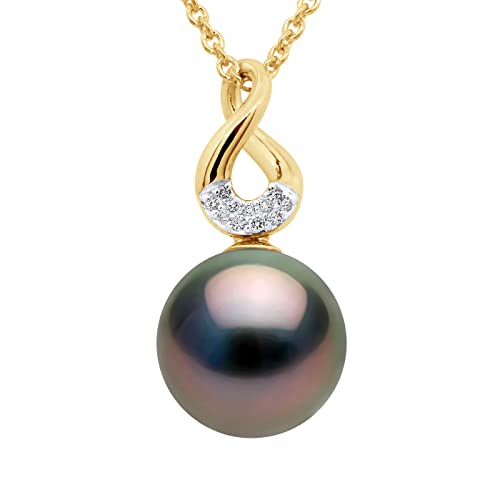 PEARLS & COLORS - Pendentif HUIT Perle de Culture de Tahiti Ronde 9-10 mm - Qualité A + - Diamants 0,030 Cts - Disponible en Or Jaune & Or Blanc - Bijou Femme