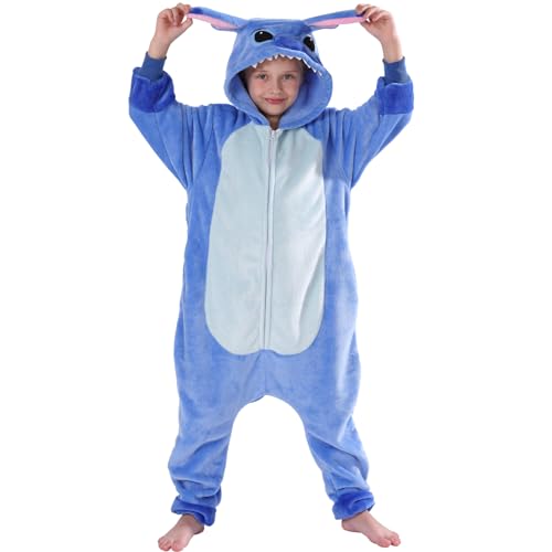 SWEETXIN Pijama de una pieza de felpa para niños, disfraz de Halloween, cosplay, ropa de dormir para niñas y niños, Azul (Stitch), 6 años