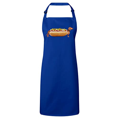 Tablier cuisine bleu chien teckel hotdog et design de collage d'art surréaliste original
