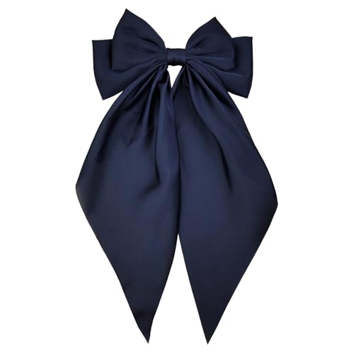 JGQUR Large Navy Blue Satin Hair Bow Clip for Women Girls Oversized Long Tail Hair Accessory for Everyday Styling 1-Pack