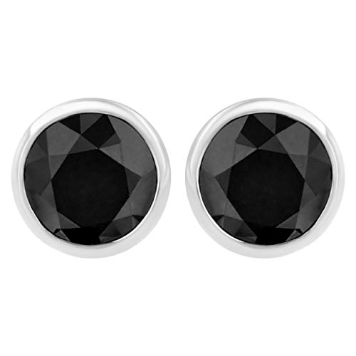 14K White Gold 4.00 Cttw Round Brilliant-Cut Black Diamond Bezel-Set Stud Earrings with Screw Backs (Fancy Color-Enhanced, I2-I3 Clarity)