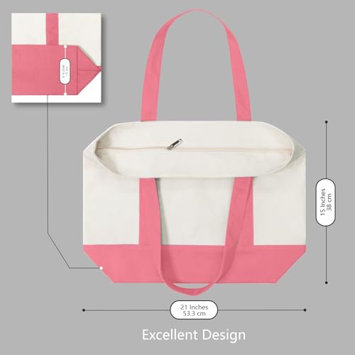Image of TOPDesign 6-Pack Canvas Tote Bags with an External Pocket, Reusable Grocery Shopping Bags, Top Zipper Closure, Daily Essentials (Rose Pink /Natural)