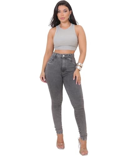 Calça Jeans Feminina Shopee Skinny Cintura Alta com Elastano Levanta Bumbum Luxo (BR, Cintura, 46, Slim, Regular, Padrão, Cinza)
