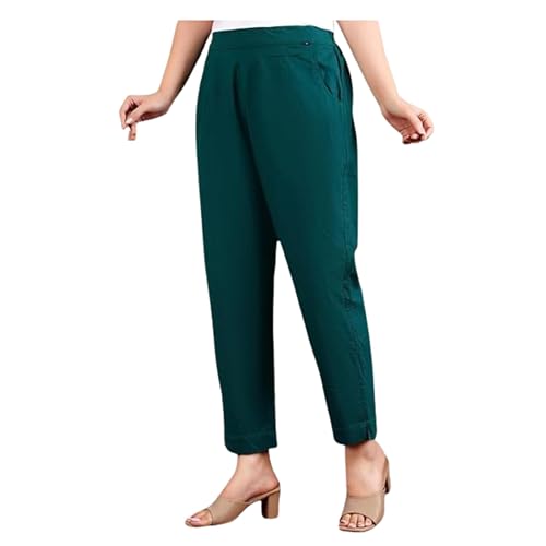 Image of D K W Women's Mid Rise Relaxed Fit Cotton Flex Trousers with Elastic Back & Drawstring - Ideal for Winter, Formal, Office & Casual Wear, Comfortable for Girls and Women