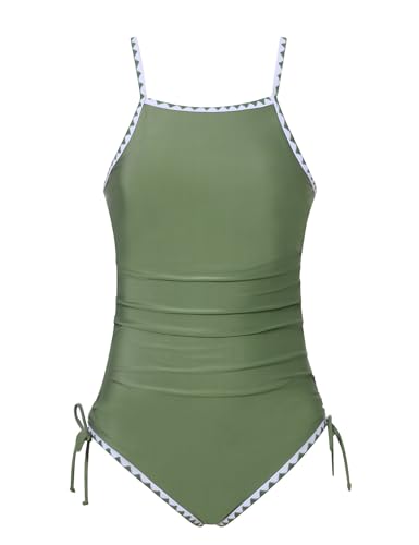 Cuddomper Girls Swimsuit Teen Bathing Suit One Piece Green Size 15-16 Color Contrast Trim Adjustable Strap Drawstring Swimwear Beach Vacation — view 2