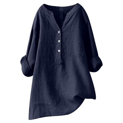 Blusas túnicas para mujer de lino de manga larga, informal, top rizado, elegante, túnica, básica, holgada, cuello en V, camiseta de ocio, camiseta larga monocolor, marine, L