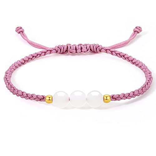 24K Solid Gold Bracelets for Women, Real Pure Gold Adjustable Friendship Gold Bead White Jade Bead Bracelet Green Pink Braided Bracelet for Women Men Mom Girlfriend
