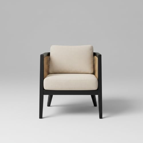 Image of APRODZ Solid Wood Accent Chair for Living Room Mid Century Modern Wooden Upholstered Armchair with Cushion Lounge Chair Cane Back Wooden Frame for Living Room Bedroom Office Seating (Black)