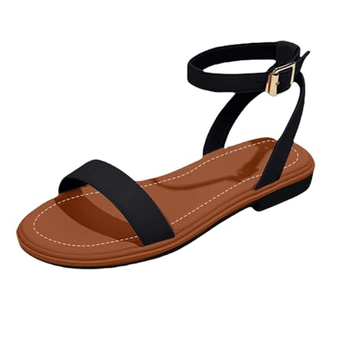 Sandalias de mujer con hebilla y dos correas – Zapatos bajos de mujer de verano abiertos sandalia con cierre en el tobillo ajustables sandalias abiertas en la parte posterior estilo bohemio zapatos