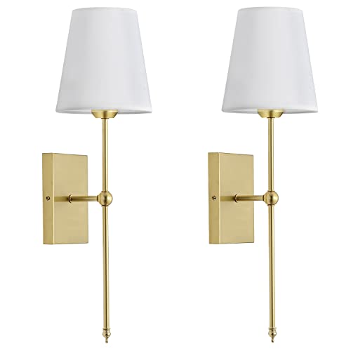 GLADFRESIT Set of 2 Slim Wall Sconces with White Fabric Shade, Gold Bronze Base Indoor Wall Light Fixtures for Bedroom Bedside Bathroom Vanity Light Living Room