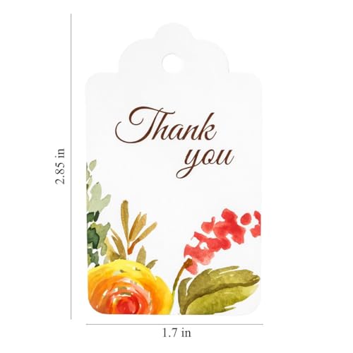 Image of CVANU Floral Thank You Gift Tags (Set of 100), Elegant Flower Design (D11) Hanging Tags with Gold String for Wedding Return Gifts & Small Business Packaging (2.85 x 1.7 Inch)