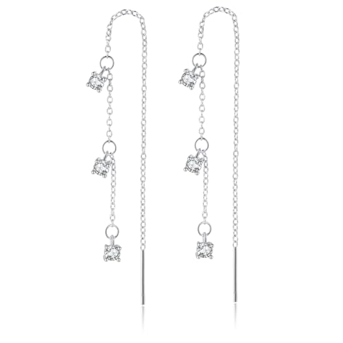 SLUYNZ Solid 925 Sterling Silver CZ Dangle Earrings Chain for Women Teens Threader Drop Earrings Tassel