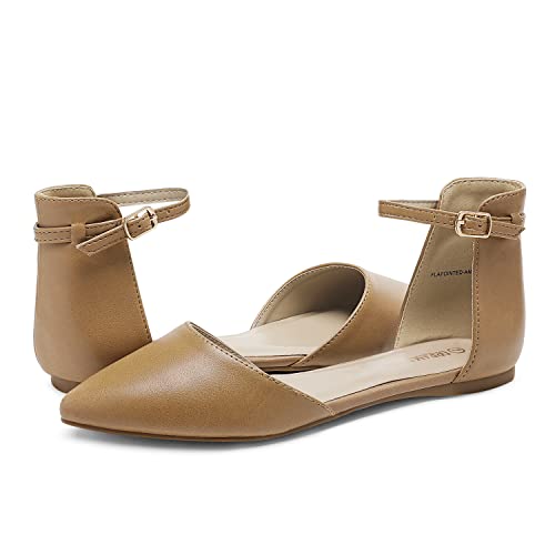 DREAM PAIRS Women's Pointed Toe Dress Flats Ankle Strap D'Orsay Ballet Comfort Slip On Casual Flat Shoes for Wedding Work Office Business,Size 7,Nude,Flapointed4