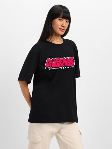 Image of JUNEBERRY Round Neck Drop Shoulder Round Neck Black & White Graphic Printed Pure Cotton Oversized Baggy Fit Half Sleeve T-Shirt for Women & Girls (Sizes: S to 2XL)