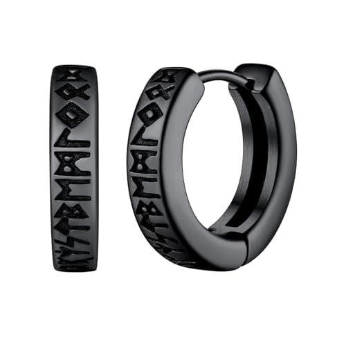 FaithHeart Norse Viking Runes Hoop Earrings for Men Hypoallergenic Stainless Steel Punk Huggie Hoop Earring Sturdy Norse Mythology Jewelry Gifts with Delicate Packaging A-Hoop-Black