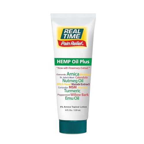 Real Time Pain Relief Hemp Oil Plus 4oz Tube | 20 Natural Ingredients: 5% Arnica & Turmeric | Fast Absorbing Lotion for Muscles, Hands, Feet, Ankles, Back, Shoulders, Knees & Joints Discomfort