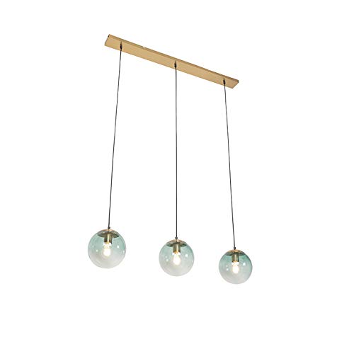 Qazqa - Art Deco Art Deco Hängelampe I Pendellampe I Pendelleuchte Messing mit grünem Glas 3-flammig-Licht - Pallon Mezzi I Wohnzimmer I Schlafzimmer - Länglich - LED geeignet E27