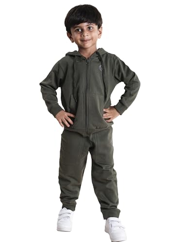 Image of Boys Solid Fleece Full Sleeve Zip Front Open Hooded Sweatshirt With Track Pant Set