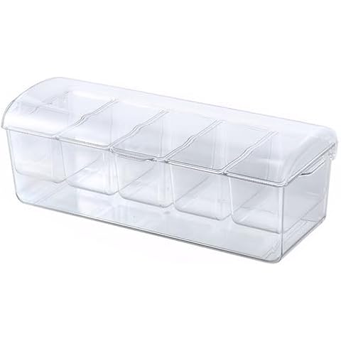 YLHHWVY Chilled Condiment Server with Lid 5 Compartment Condiment Tray with Ice Chamber and Handle Food Grade Pet Transparent Condiment Caddy for Bar Party Chilled Condiment Server with Lid Cover