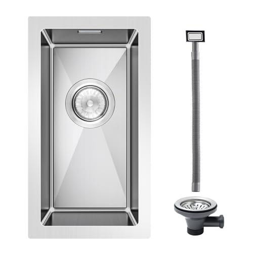 ROVOGO Fregadero pequeño de acero inoxidable 304 de 45 x 23 cm, fregadero de cocina estrecho con juego de drenaje, incluye válvula de cesta coladora y desbordamiento, fregadero de cocina empotrado