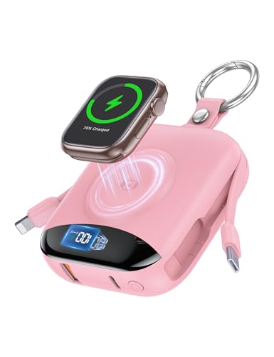 Portable Charger, 10000mAh 22.5W Fast Charging Power Bank with Built-in Cables, Travel Essentials Battery Pack with LED Display for iPhone, Portable iWatch Charger for 11/10/9/8/7/6/5/4/SE/Ultra Pink