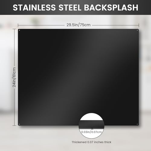 Image of Stainless Steel Stove Backsplash Panel - Ultra Flat Black Metal Splatter Guard for Kitchen Wall & Range Hood, with 4 Pre-Drilled Holes - Easy Install Stove Backsplash Protector （ 29.5 inch x 24 inch ）