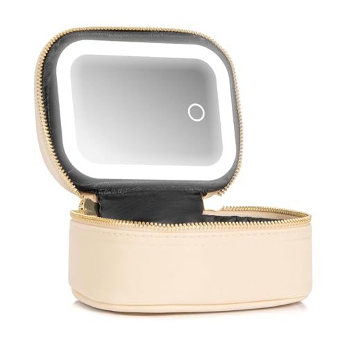 Mini Makeup Bag with Led Mirror,Small Travel Make up Bag 3 Light Modes Adjustable Brightness, for Women Organizer Cosmetic Bag, Portable Travel Train Toiletry Bag, for Pool Parties Work Touch-Ups