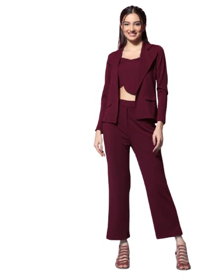 Women's Olive Brown Lycra Solid Three-Piece Co-Ord Set | Blazer with Crop Top and Trouser Set for Women | Stylish Party Western Outfit-picture-14