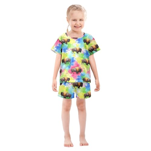 Pajama Short Sets Colorful Bison Abstract Soft Cotton Summer Sleepwear 2 Piece PJS Size 5-14T4