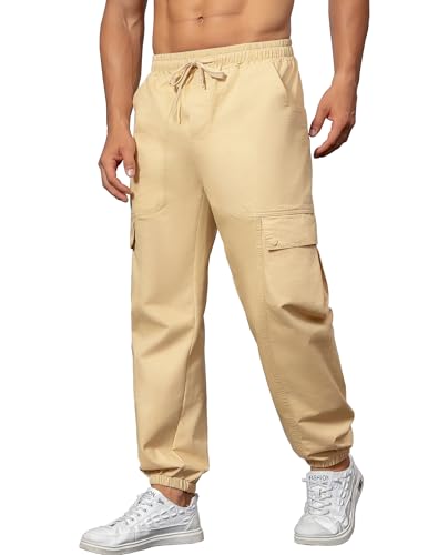 YYA Men's Streetwear Cargo Pants with Flap Pockets & Drawstring Elastic Waist Casual & Techwear Joggers Khaki L3