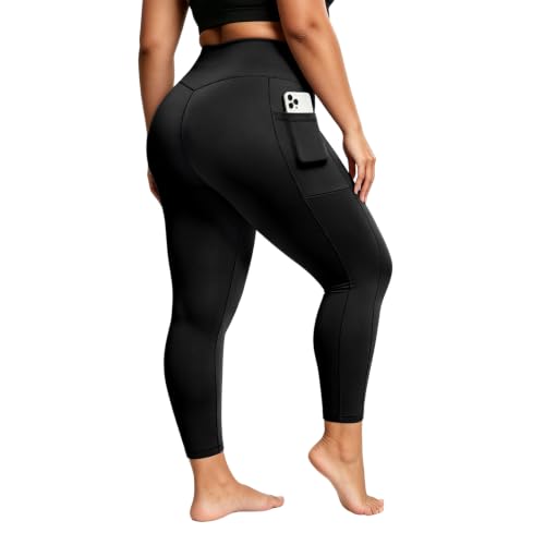 Image of KAKALATLJ Plus Size Leggings for Women UK, Gym Leggings with Pockets, High Waist Opaque Tummy Control Butt Lifting Compression Leggings for Running Sports Workout Gym Yoga(Black)