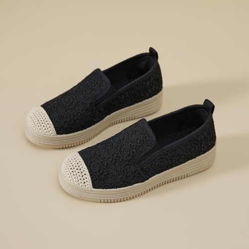 Shupua Womens Slip on Shoes Stylish Lace Casual Loafers Lightweight Platform Sneakers Comfortable Spring Flat Shoes for Office, Work (Black.us8)