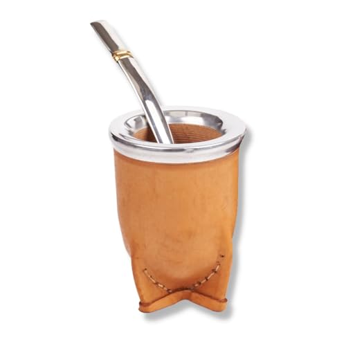 SHOPPLACE set Mate Camionero Algarrobo mas Bombilla Pico de Loro Artesanal Argentino Yerba Mate Eco Cuero Virola Acero (caramelo)