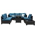 Ophelian 8-Piece Patio Set Furniture Rattan Wicker Outdoor Sectional Sofa with 28" Gas Fire Pit Set and Cushions, Conversation Set for Backyard, Patio, Garden, Brown/Peacock Blue