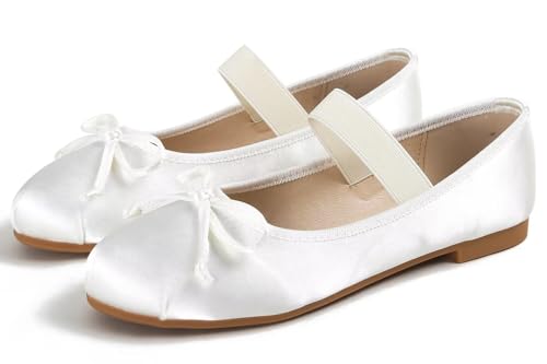 Hee grand Women's Cute Round Toe Ballerina Flats Bowknot Mary Jane Shoes Comfort Dancing Shoes Elegant Satin Dress Shoes
