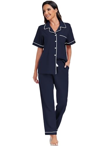 EA'S SECRET Womens 100% Cotton Pajama Sets Short Sleeve Shirt and Pajama Pants Soft Sleepwear Button Down Pjs for Women3