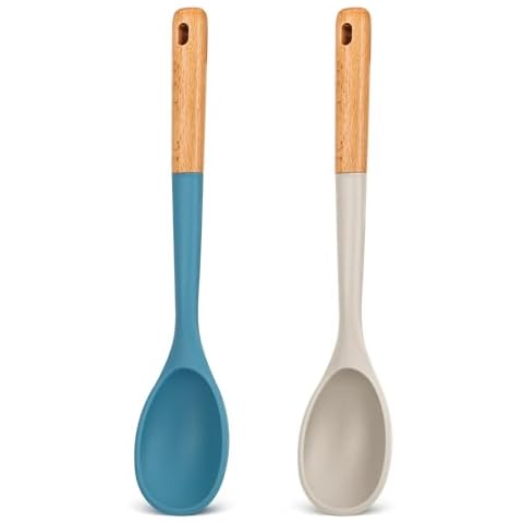 Large Silicone Cooking Spoons, Nonstick Solid Wooden Handle Spoon, Heat Resistan Silicone Kitchen Spoons for Cooking, Serving, Basting, Mixing, 13.2inch (Khaki & Blue) Cover