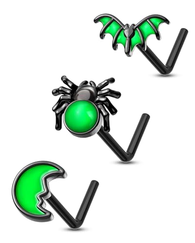 COCHARM 3PCS Halloween Nose Stud 20g Glow in the Dark Nose Ring Stud Black Bat Spider Black Nostril Stud L Shape Surgical Steel Nostril Piercing Jewelry for Women Men