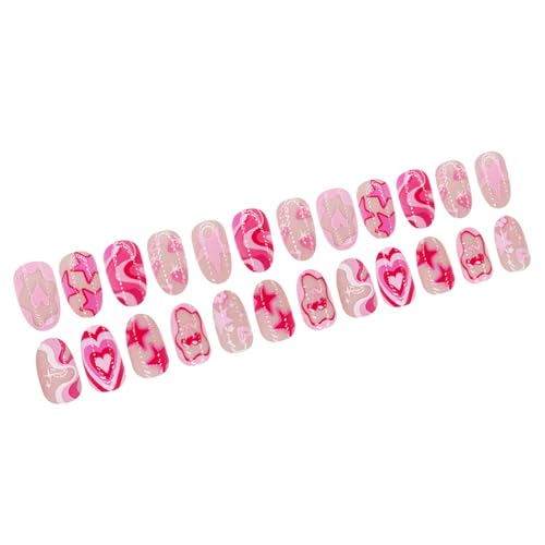 バレンタインデーにインスパイアされた短いアーモンドの偽の爪心模様の爪に押し付けます女性のための人工爪24 PCS