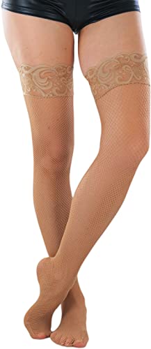 Image of ToBeInStyle Women's Wide Floral Lace Fishnet Thigh Hi Stockings