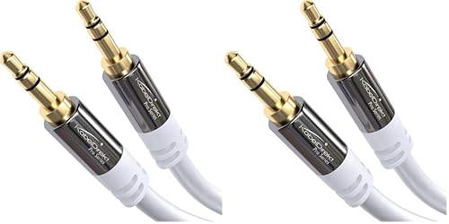 KabelDirekt – Cable Jack 3,5mm – 5m – Conectores Metálicos – Disponible en 0,3-10m (Cable de Audio/Mini Jack 3.5mm, Aux/Auxiliar, para Teléfono, PC/Portátil, Coche y HiFi, blanco) (Paquete de 2)