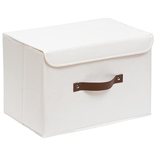 OUTBROS Collapsible Storage Box with Lid, Linen Fabric Clothing Shelf Basket Bins Box for Towels Clothes 33x23x20 cm (White, 1-Pack)